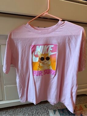 Nike Pink Graphic Tee with Cat 'Fur Sure' Design